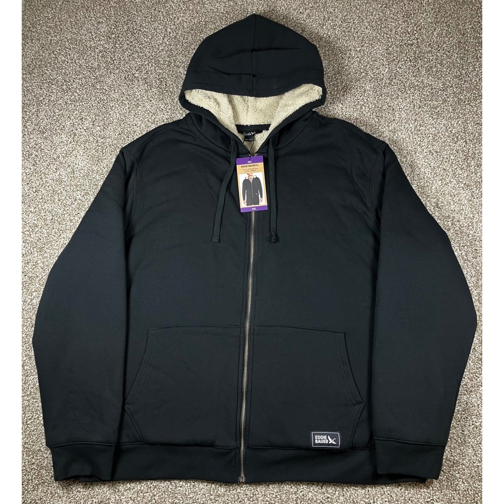 Eddie Bauer Mens XXL Faux Shearling Sherpa Lined Full Zip Hoodie Black NWT